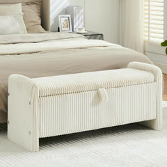 Corduroy Storage Ottoman Bench with Safety Hinge, Beige(Beige)
