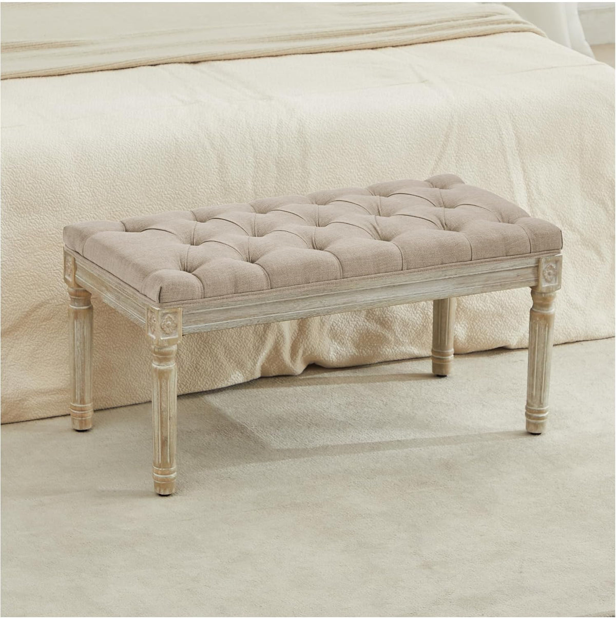 Vintage Upholstered Entryway Bench with Wooden Legs, White(Light Brown,31.5")
