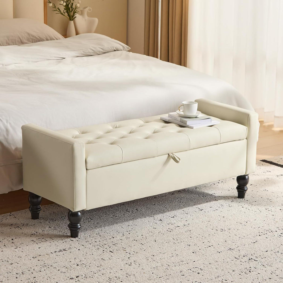 Leather Storage Ottoman Bench, End of Bed Bench, Black(Beige)